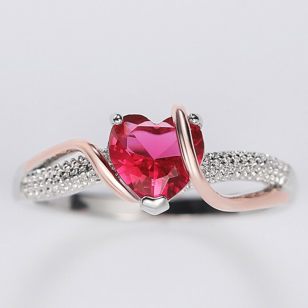 Two Tone 925 Silver Romantic Valentine Heart Cut CZirconia Ring Size 6-10 - Picture 3 of 4